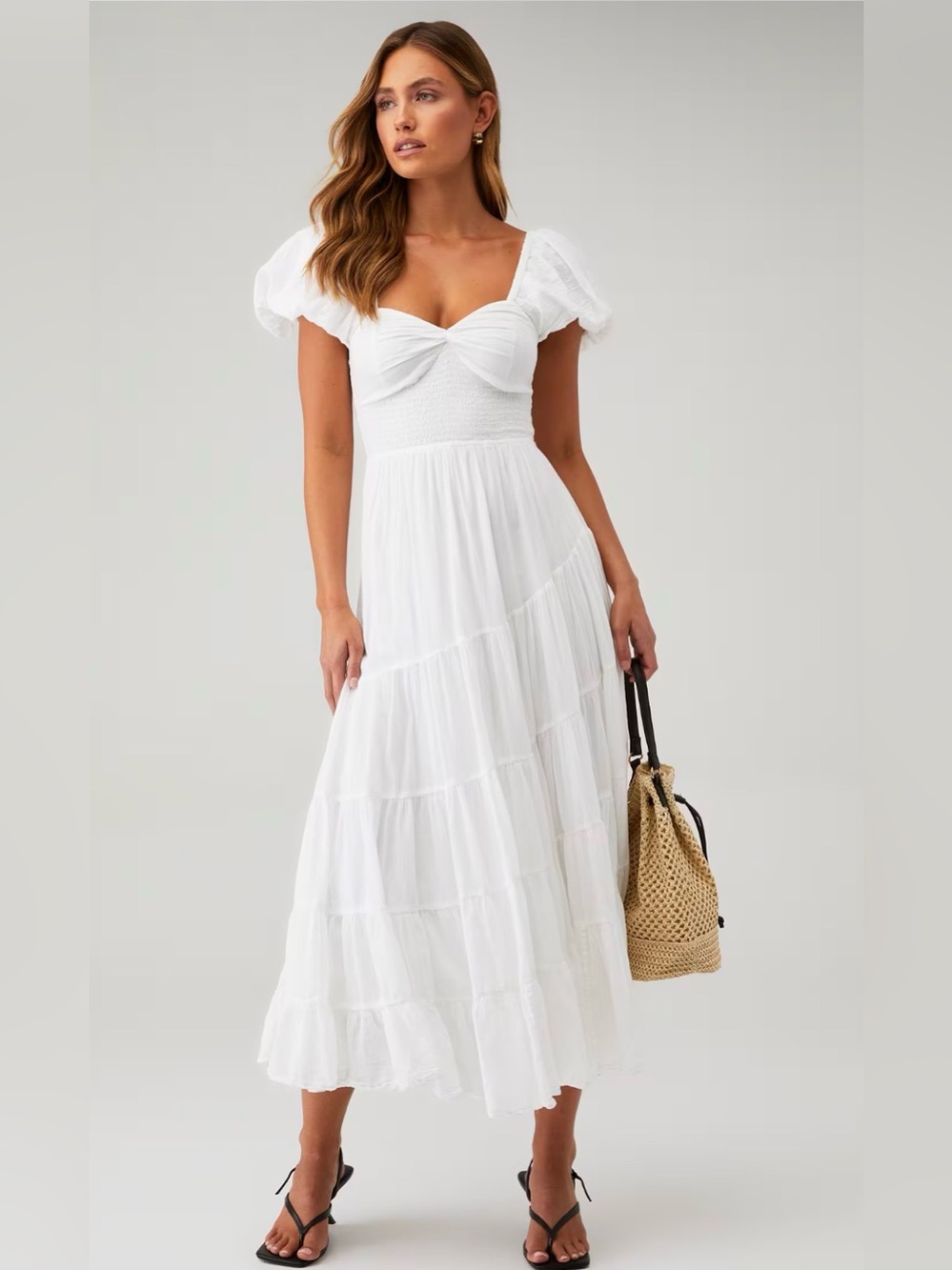 Free People Sun Drenched White Puff-Sleeve Maxi Dress Smocked Bodice R7